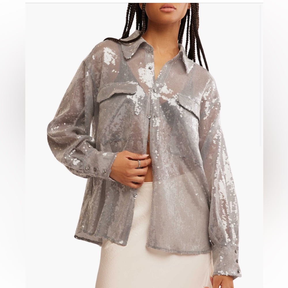 Free People Metallic Sequin Button-Up Shirt